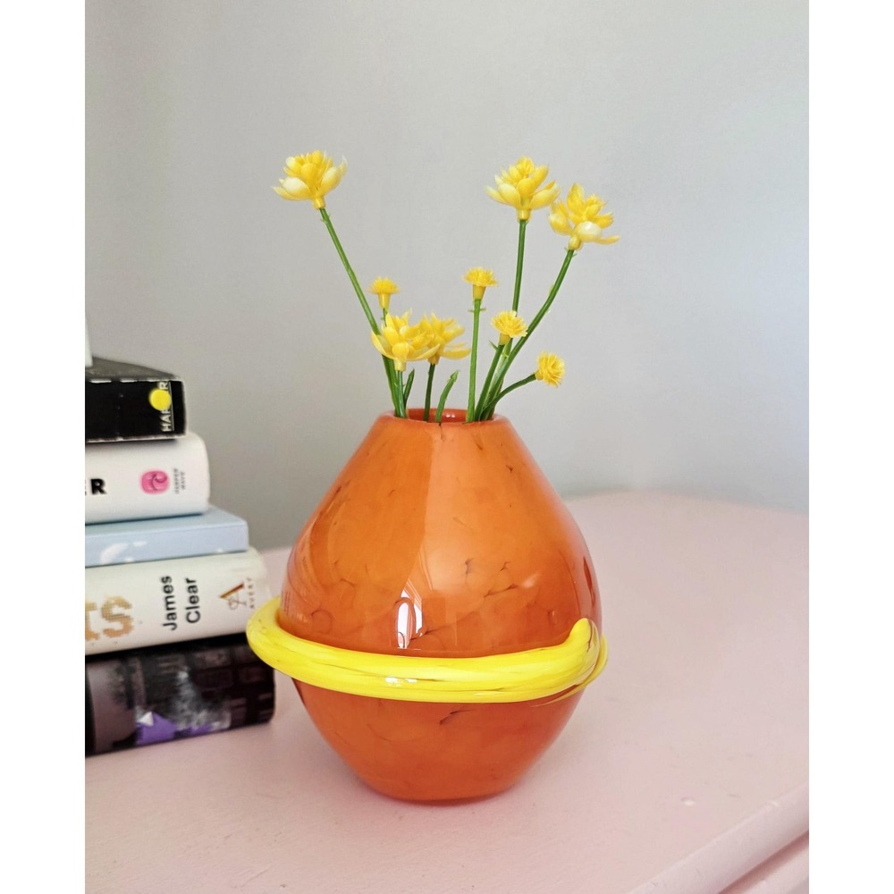 Vintage 1980s Fire Island Orange and Yellow MCM Inspired Glass Vase